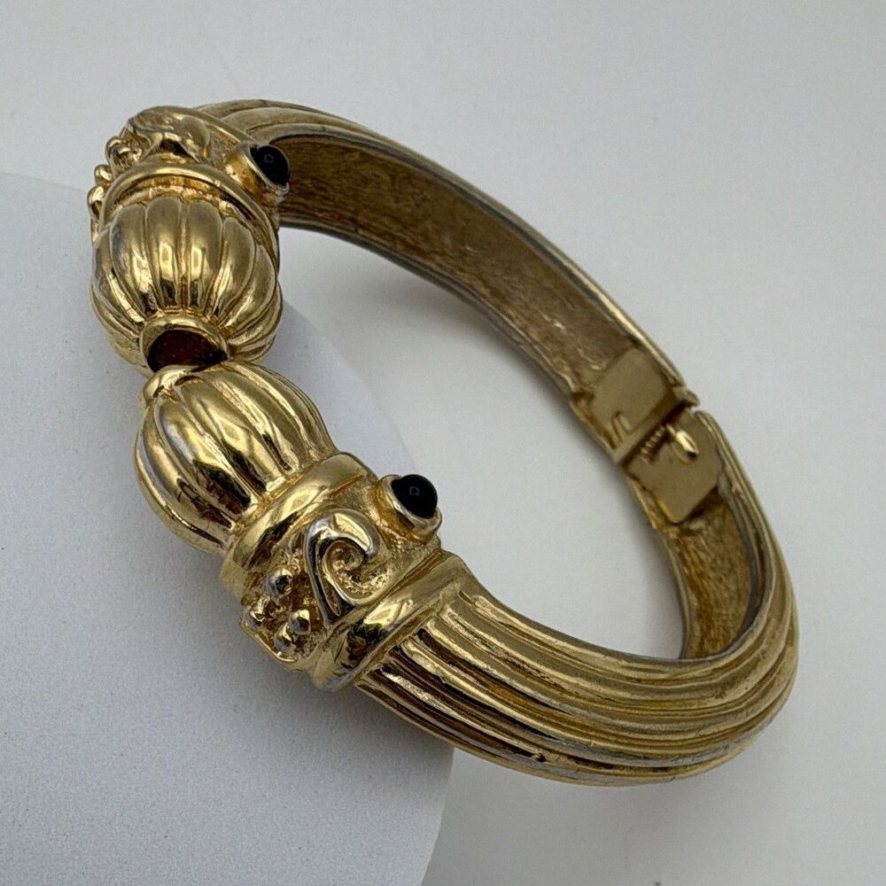 Gold Tone Metal Hinged Bangle Cuff Bracelet Round 2.25 in